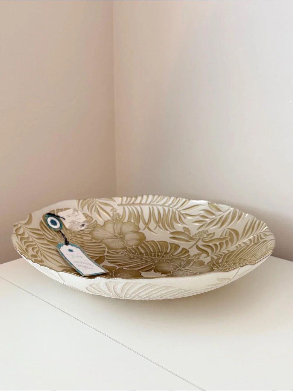 Decorative Tropical Leaf & Hibiscus Serving Bowl - Cream & Gold 13”